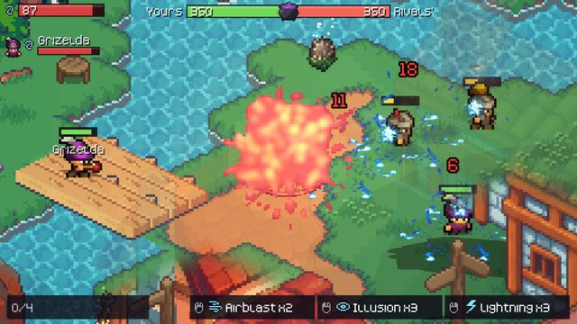 Lightning chains through two enemies beside a fireball by the river